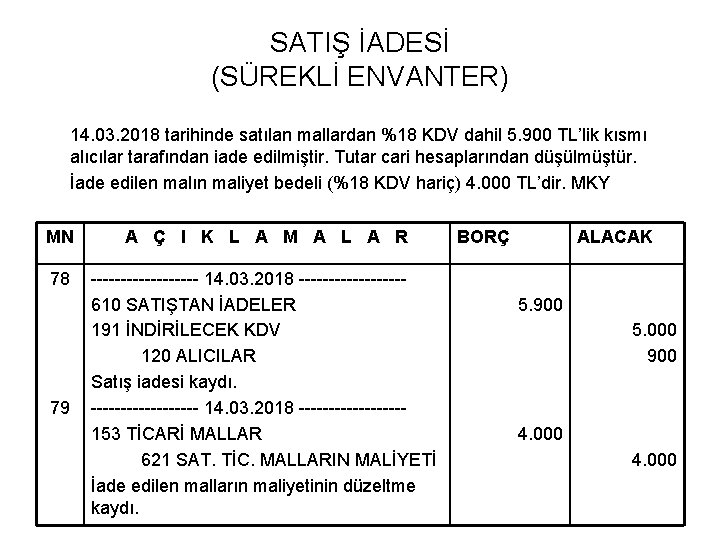 SATIŞ İADESİ (SÜREKLİ ENVANTER) 14. 03. 2018 tarihinde satılan mallardan %18 KDV dahil 5.