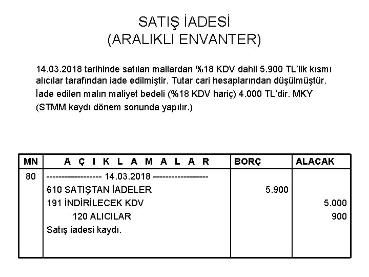 SATIŞ İADESİ (ARALIKLI ENVANTER) 14. 03. 2018 tarihinde satılan mallardan %18 KDV dahil 5.