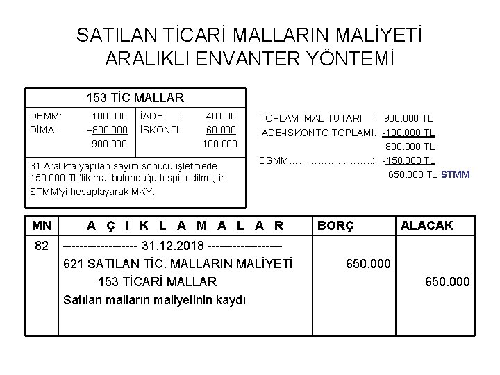 SATILAN TİCARİ MALLARIN MALİYETİ ARALIKLI ENVANTER YÖNTEMİ 153 TİC MALLAR DBMM: 100. 000 DİMA