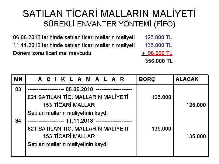 SATILAN TİCARİ MALLARIN MALİYETİ SÜREKLİ ENVANTER YÖNTEMİ (FİFO) 06. 2018 tarihinde satılan ticari malların