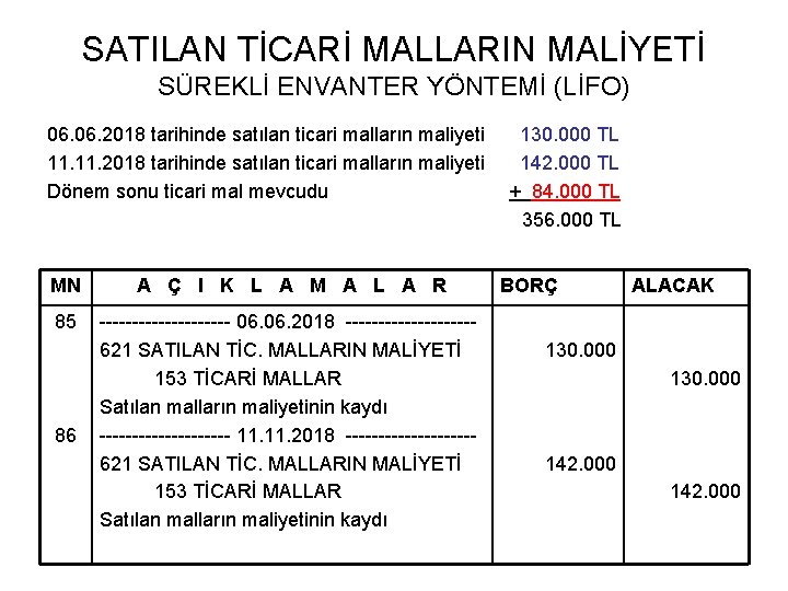 SATILAN TİCARİ MALLARIN MALİYETİ SÜREKLİ ENVANTER YÖNTEMİ (LİFO) 06. 2018 tarihinde satılan ticari malların