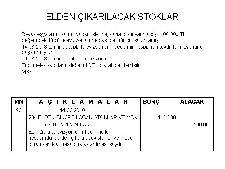 ELDEN ÇIKARILACAK STOKLAR Beyaz eşya alımı satımı yapan işletme; daha önce satın aldığı 100.