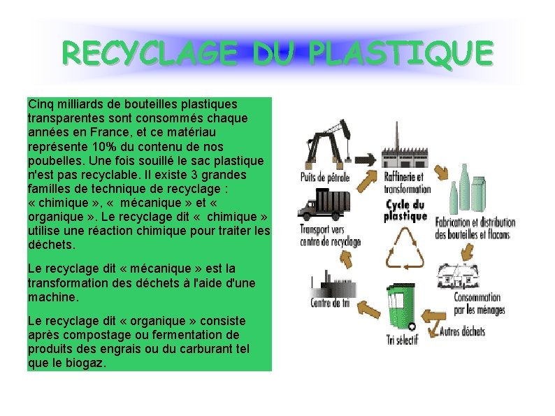 RECYCLAGE DU PLASTIQUE Cinq milliards de bouteilles plastiques transparentes sont consommés chaque années en