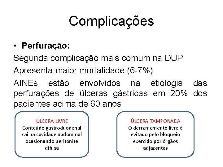 Complicações • Perfuração: Segunda complicação mais comum na DUP Apresenta maior mortalidade (6 -7%)