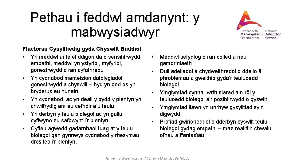 Pethau i feddwl amdanynt: y mabwysiadwyr Ffactorau Cysylltiedig gyda Chyswllt Buddiol • Yn meddwl