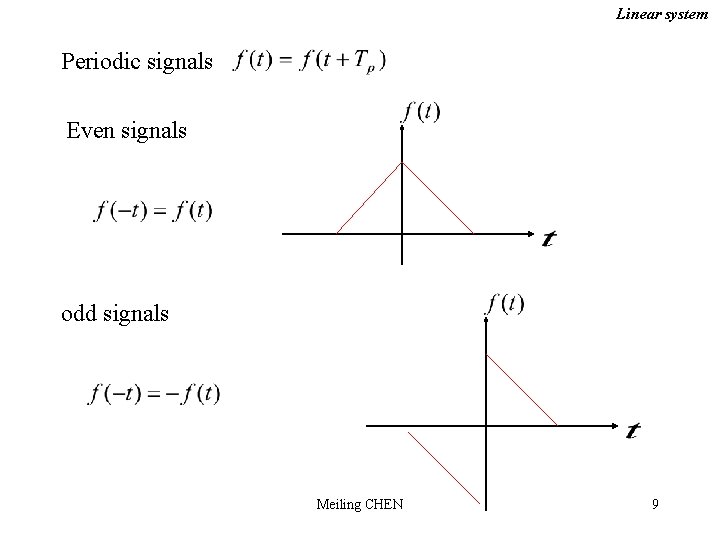Linear system Periodic signals Even signals odd signals Meiling CHEN 9 