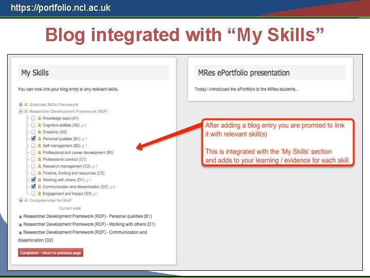 https: //portfolio. ncl. ac. uk Blog integrated with “My Skills” 
