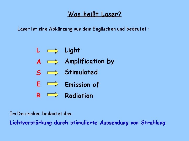 Was heißt Laser? Laser ist eine Abkürzung aus dem Englischen und bedeutet : L