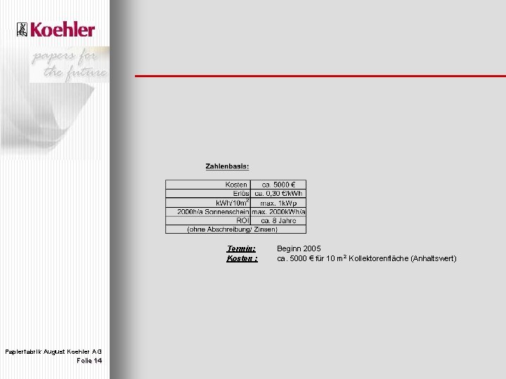 Termin: Kosten : Papierfabrik August Koehler AG Folie 14 Beginn 2005 ca. 5000 €