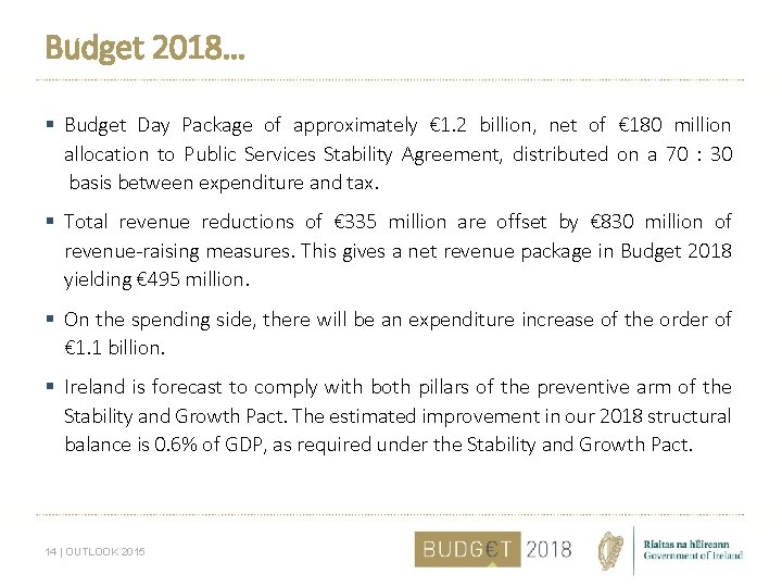 Budget 2018… § Budget Day Package of approximately € 1. 2 billion, net of