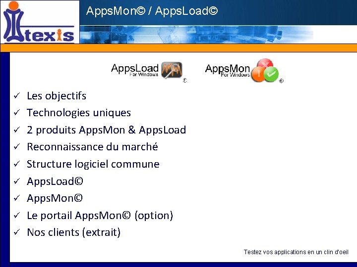 Apps. Mon© / Apps. Load© Les objectifs Technologies uniques 2 produits Apps. Mon &