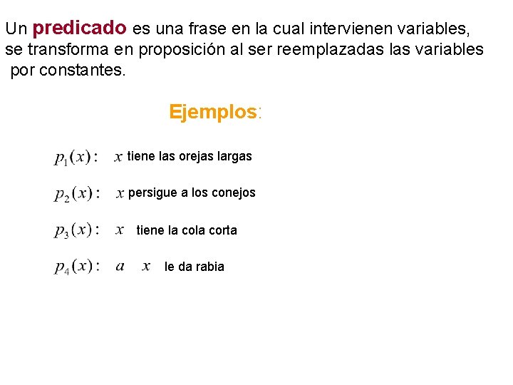 Un predicado es una frase en la cual intervienen variables, se transforma en proposición