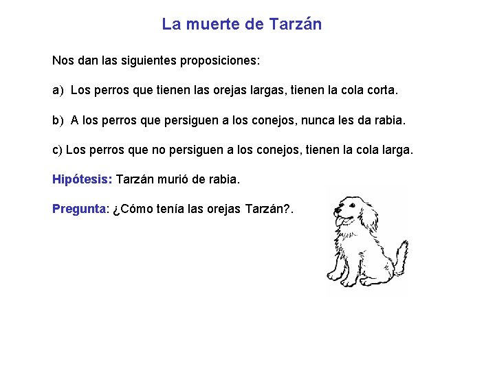 La muerte de Tarzán Nos dan las siguientes proposiciones: a) Los perros que tienen