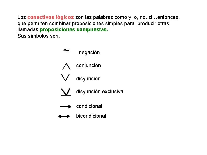 Los conectivos lógicos son las palabras como y, o, no, si…entonces, que permiten combinar