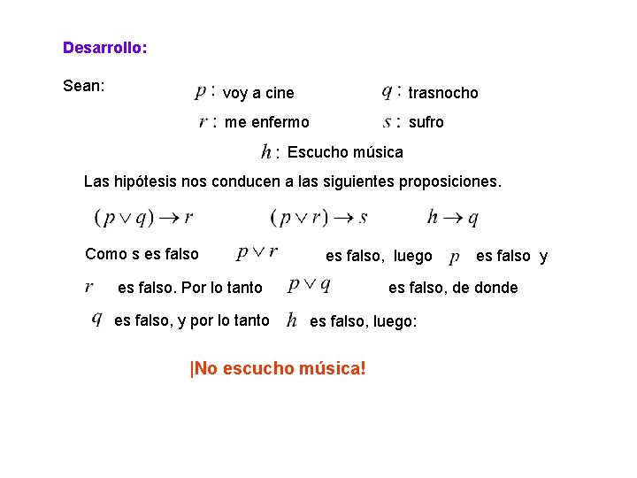 Desarrollo: Sean: voy a cine trasnocho me enfermo sufro Escucho música Las hipótesis nos