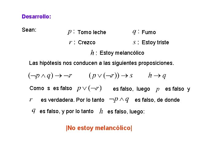 Desarrollo: Sean: Tomo leche Fumo Crezco Estoy triste Estoy melancólico Las hipótesis nos conducen