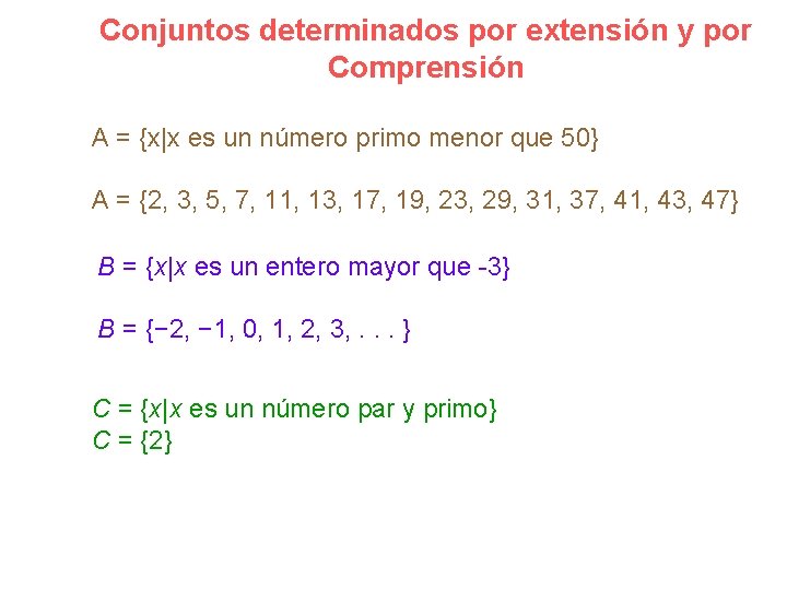 Conjuntos determinados por extensión y por Comprensión A = {x|x es un número primo