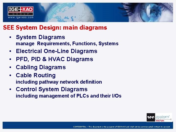 SEE System Design: main diagrams • System Diagrams manage Requirements, Functions, Systems • •