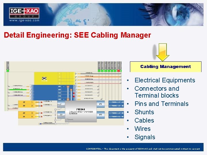 Detail Engineering: SEE Cabling Manager • Electrical Equipments • Connectors and Terminal blocks •