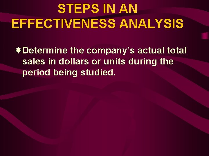 STEPS IN AN EFFECTIVENESS ANALYSIS Determine the company’s actual total sales in dollars or