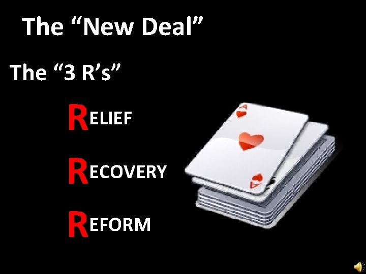 The “New Deal” The “ 3 R’s” RELIEF RECOVERY REFORM 