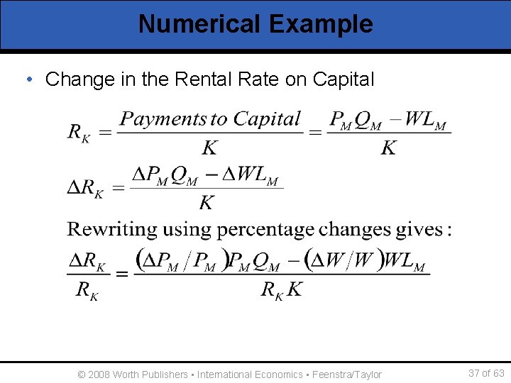 Numerical Example • Change in the Rental Rate on Capital © 2008 Worth Publishers