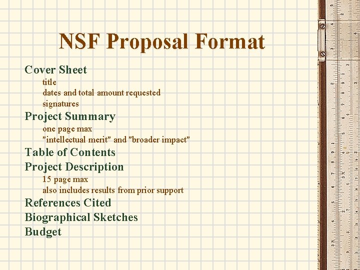 NSF Proposal Format Cover Sheet title dates and total amount requested signatures Project Summary