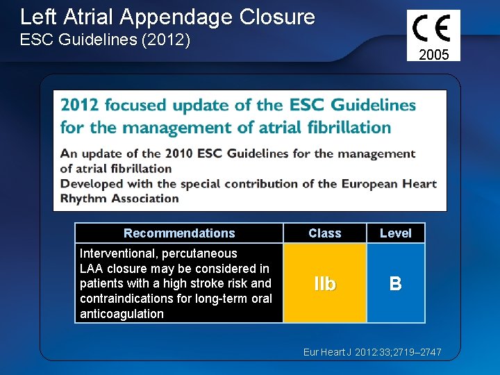 Left Atrial Appendage Closure ESC Guidelines (2012) 2005 Recommendations Class Level Interventional, percutaneous LAA