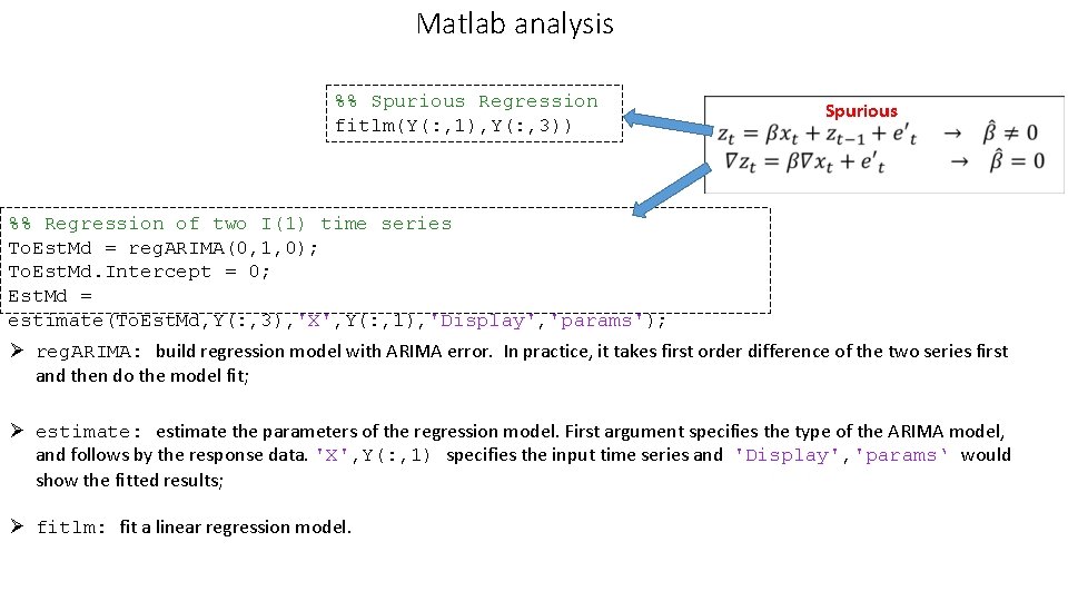 Matlab analysis %% Spurious Regression fitlm(Y(: , 1), Y(: , 3)) Spurious %% Regression Matlab analysis %% Spurious Regression fitlm(Y(: , 1), Y(: , 3)) Spurious %% Regression