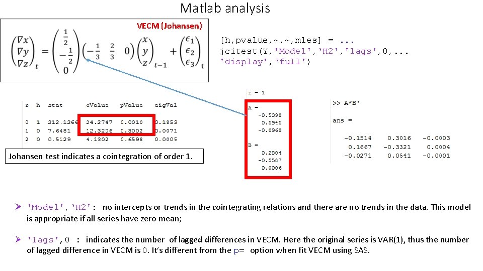 Matlab analysis VECM (Johansen) [h, pvalue, ~, ~, mles] =. . . jcitest(Y, 'Model',