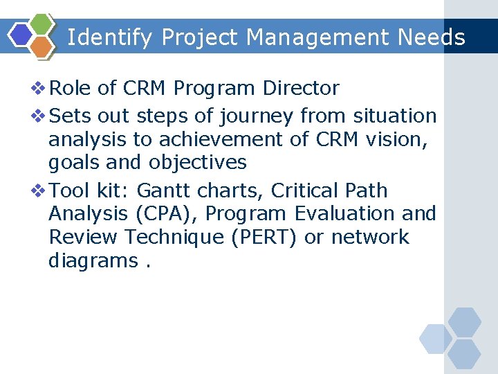 Identify Project Management Needs v Role of CRM Program Director v Sets out steps