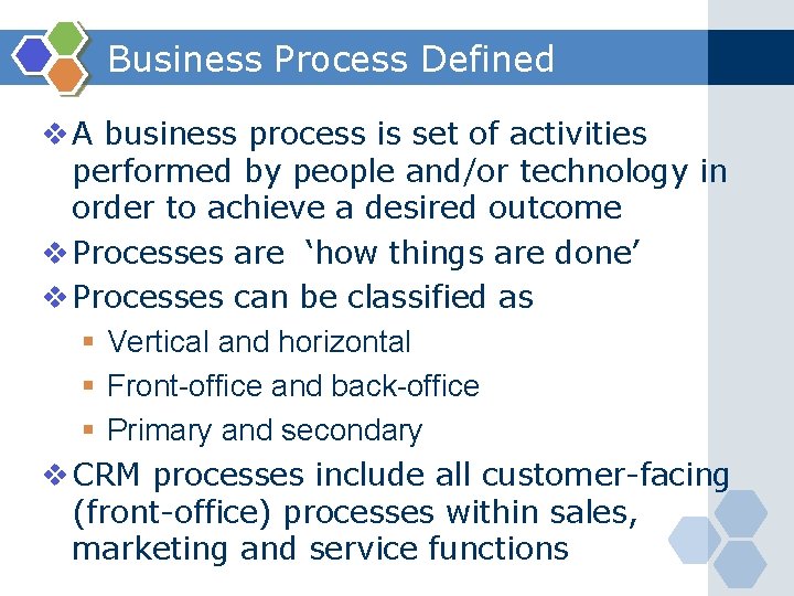 Business Process Defined v A business process is set of activities performed by people