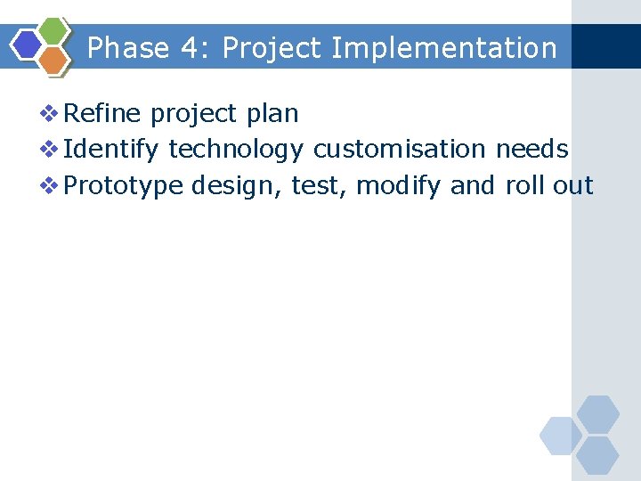 Phase 4: Project Implementation v Refine project plan v Identify technology customisation needs v