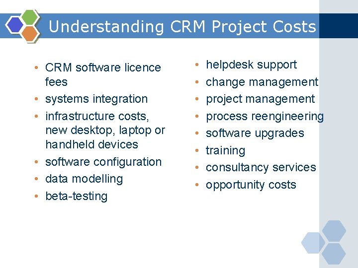 Understanding CRM Project Costs • CRM software licence fees • systems integration • infrastructure