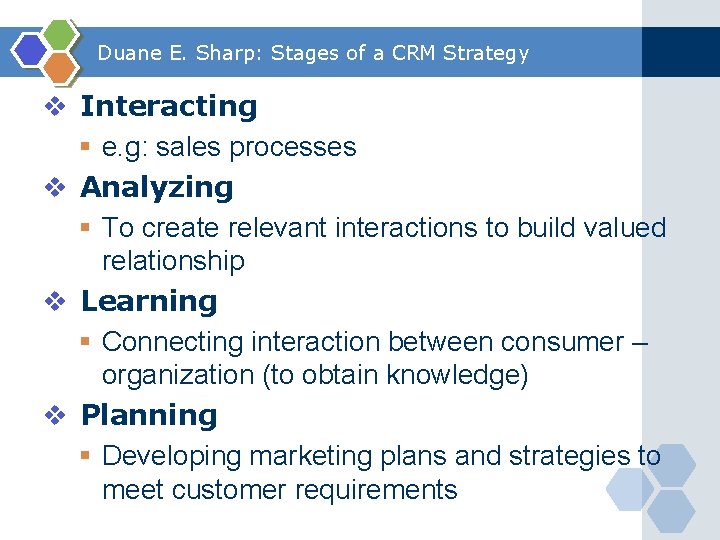 Duane E. Sharp: Stages of a CRM Strategy v Interacting § e. g: sales