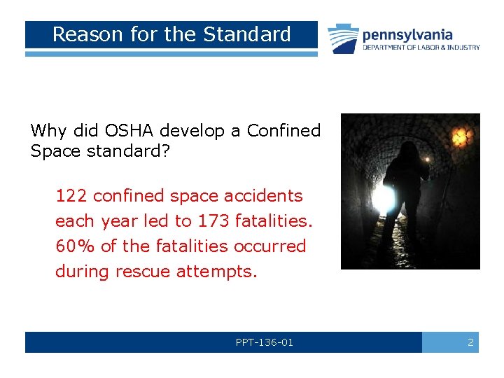 Reason for the Standard Why did OSHA develop a Confined Space standard? 122 confined