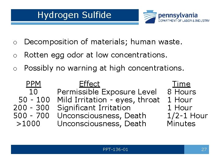 Hydrogen Sulfide o Decomposition of materials; human waste. o Rotten egg odor at low