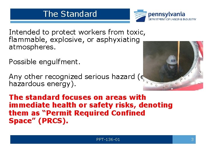 The Standard Intended to protect workers from toxic, flammable, explosive, or asphyxiating atmospheres. Possible