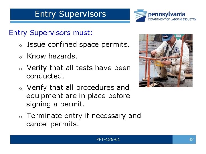 Entry Supervisors must: o Issue confined space permits. o Know hazards. Verify that all
