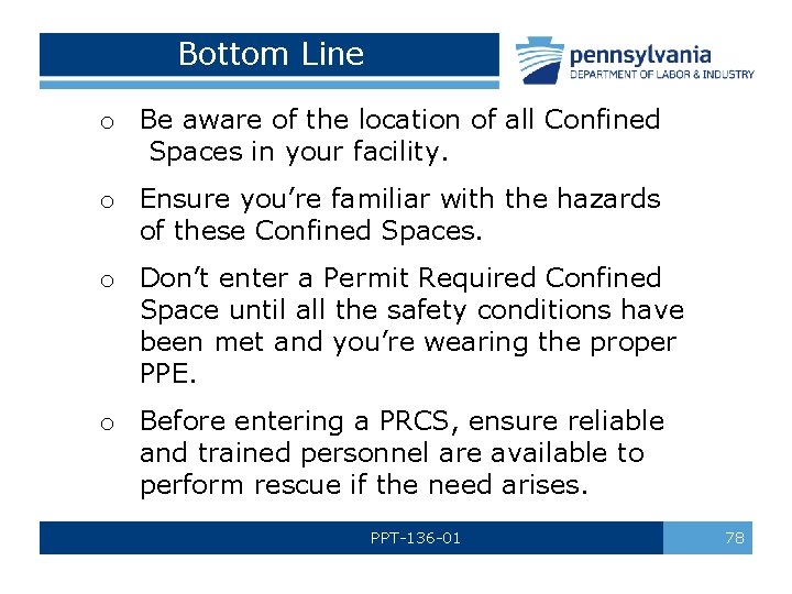 Bottom Line o Be aware of the location of all Confined Spaces in your