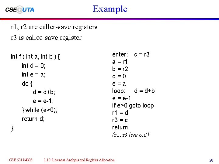 Example r 1, r 2 are caller-save registers r 3 is callee-save register int