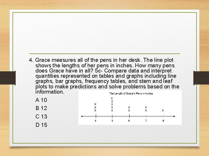 4. Grace measures all of the pens in her desk. The line plot shows