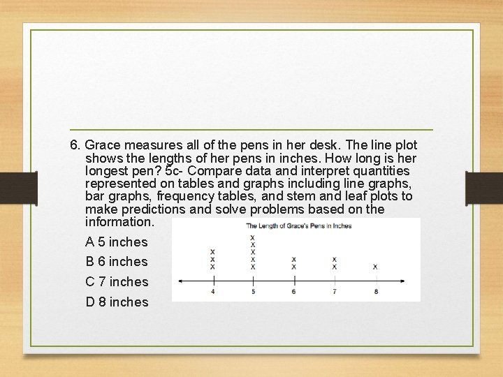 6. Grace measures all of the pens in her desk. The line plot shows