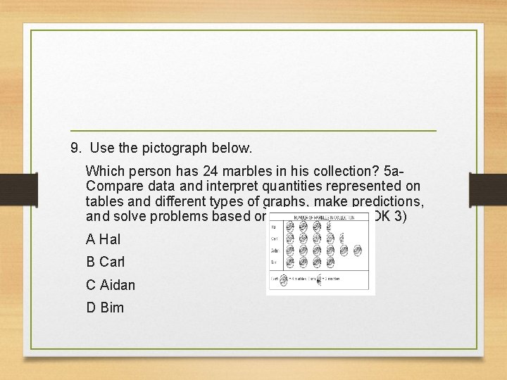 9. Use the pictograph below. Which person has 24 marbles in his collection? 5