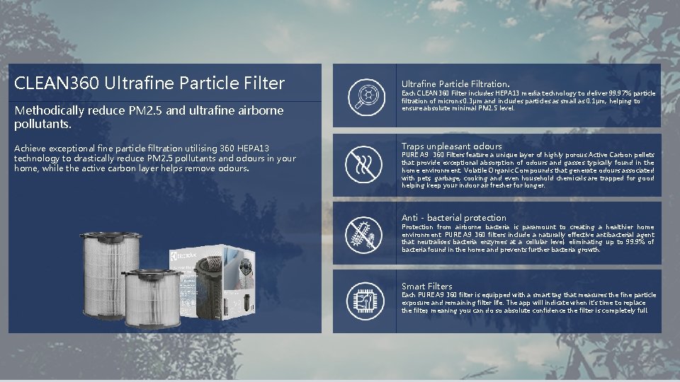 CLEAN 360 Ultrafine Particle Filter Methodically reduce PM 2. 5 and ultrafine airborne pollutants. CLEAN 360 Ultrafine Particle Filter Methodically reduce PM 2. 5 and ultrafine airborne pollutants.