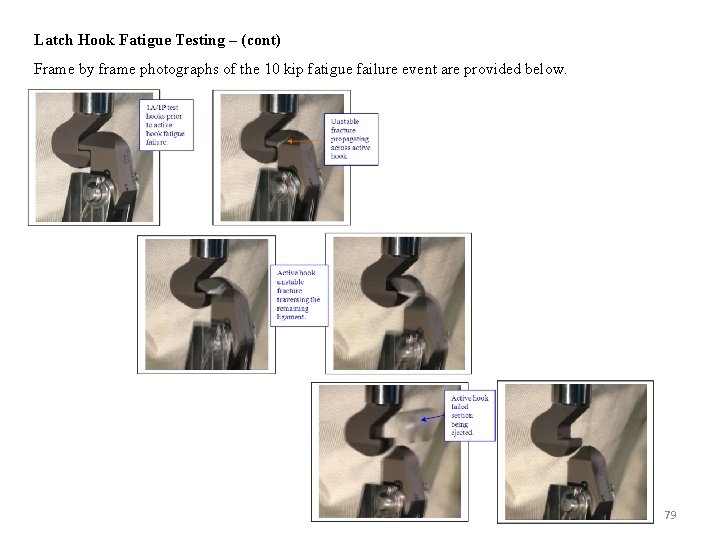 Latch Hook Fatigue Testing – (cont) Frame by frame photographs of the 10 kip