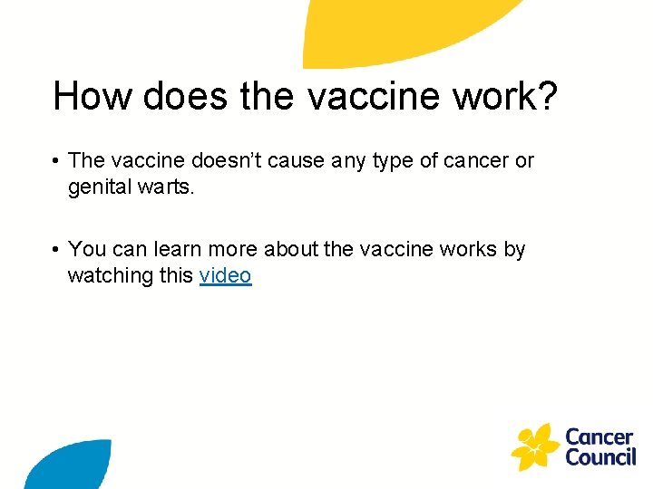 How does the vaccine work? • The vaccine doesn’t cause any type of cancer