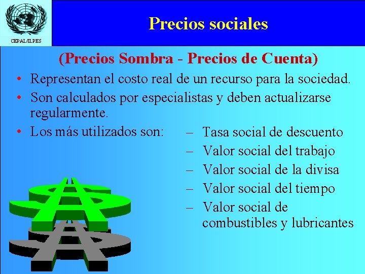 Precios sociales CEPAL/ILPES (Precios Sombra - Precios de Cuenta) • Representan el costo real