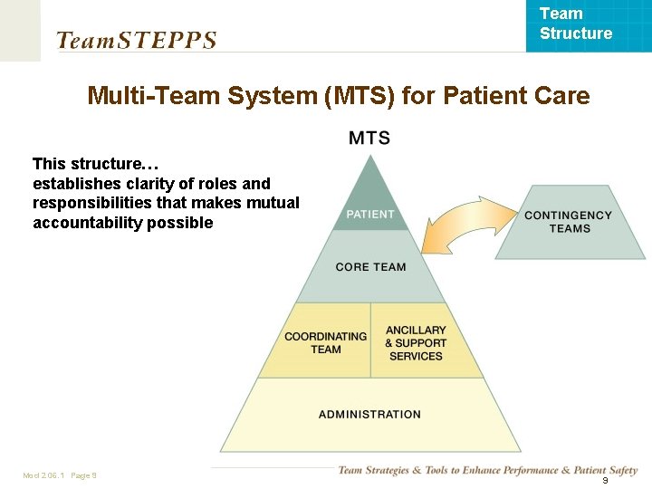 Team Structure Multi-Team System (MTS) for Patient Care This structure… establishes clarity of roles