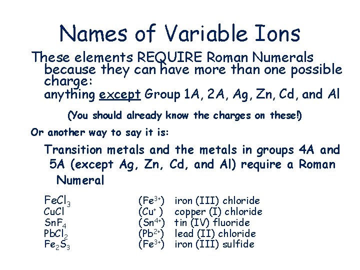 Names of Variable Ions These elements REQUIRE Roman Numerals because they can have more